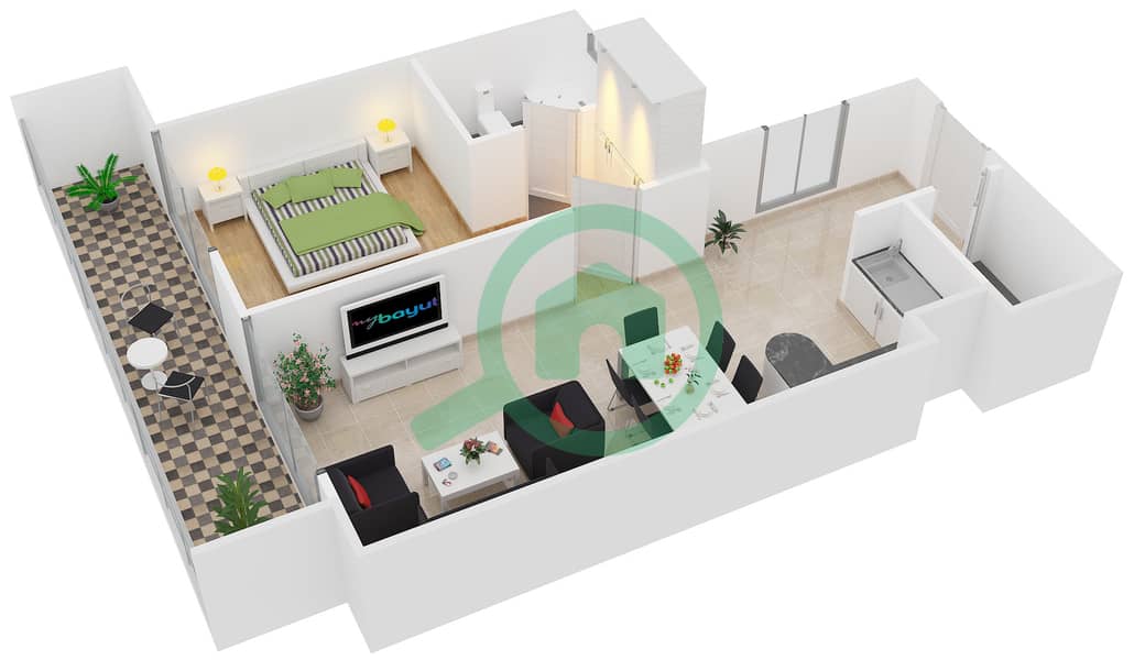 Arabian Gates - 1 Bedroom Apartment Unit 38 Floor plan Floor 1-14 interactive3D