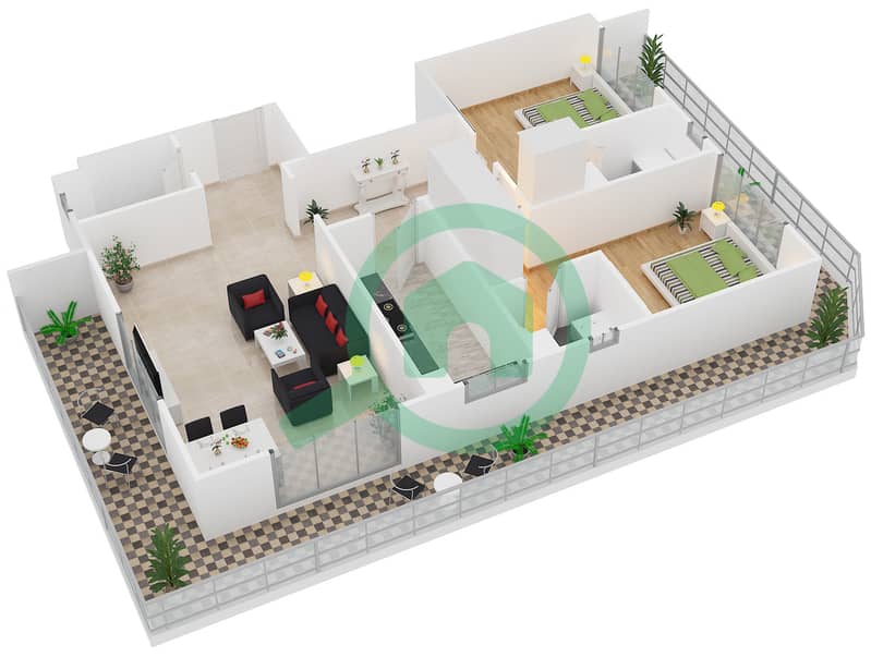 阿拉伯之门公寓小区 - 2 卧室公寓单位36戶型图 Floor 1-14 interactive3D