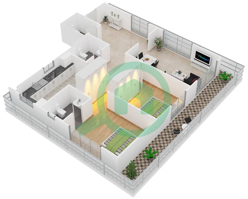 المخططات الطابقية لتصميم الوحدة 11 شقة 2 غرفة نوم - البوابة العربية Floor 1-14 interactive3D