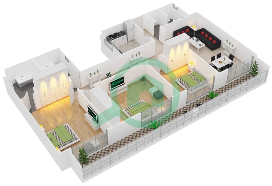 Arabian Gates - 3 Bedroom Apartment Unit 24 Floor plan Floor 1-24 interactive3D
