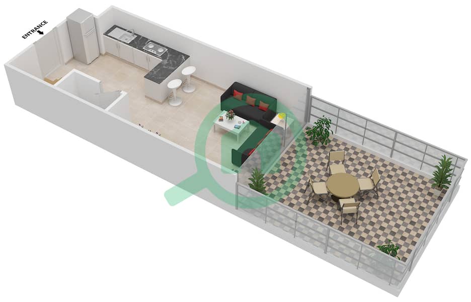 المخططات الطابقية لتصميم الوحدة 111 شقة 1 غرفة نوم - بن غاطي فيوز Lower Floor interactive3D
