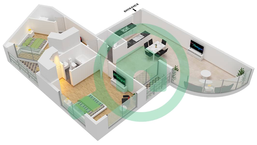 湖景小区A座 - 2 卧室公寓类型A101戶型图 Floor 1 interactive3D