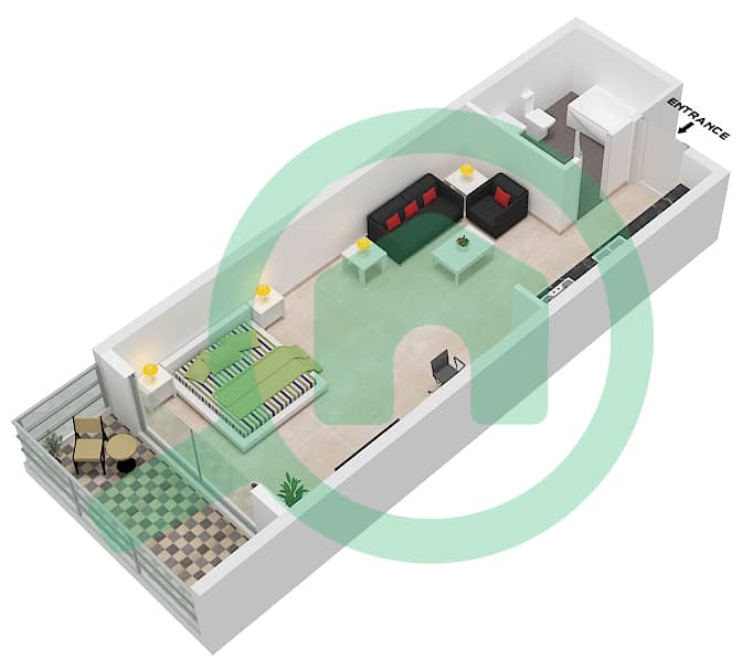 Лаго Виста А - Апартамент Студия планировка Тип A107 Floor 1 interactive3D