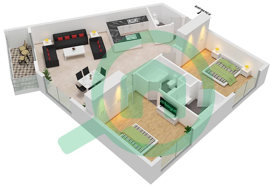 Лаго Виста А - Апартамент 2 Cпальни планировка Тип A109 Floor 1 interactive3D