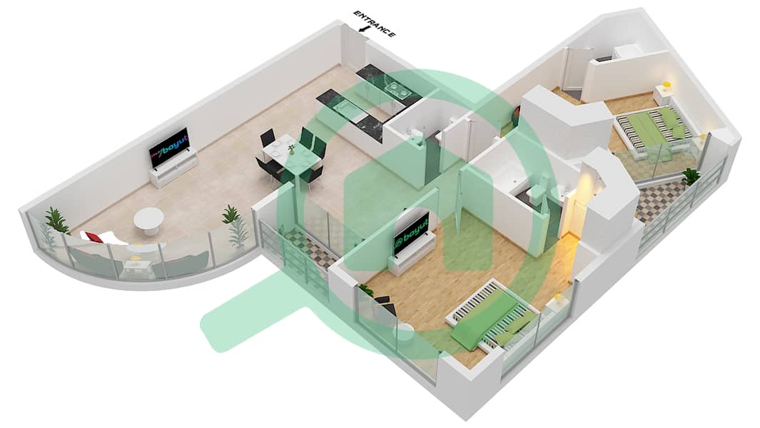 湖景小区A座 - 2 卧室公寓类型A116戶型图 Floor 1 interactive3D