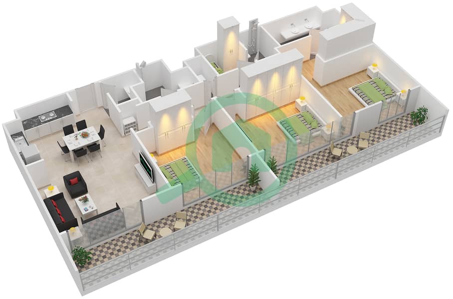 金合欢公寓 - 3 卧室公寓类型T12戶型图 Floor 9 interactive3D