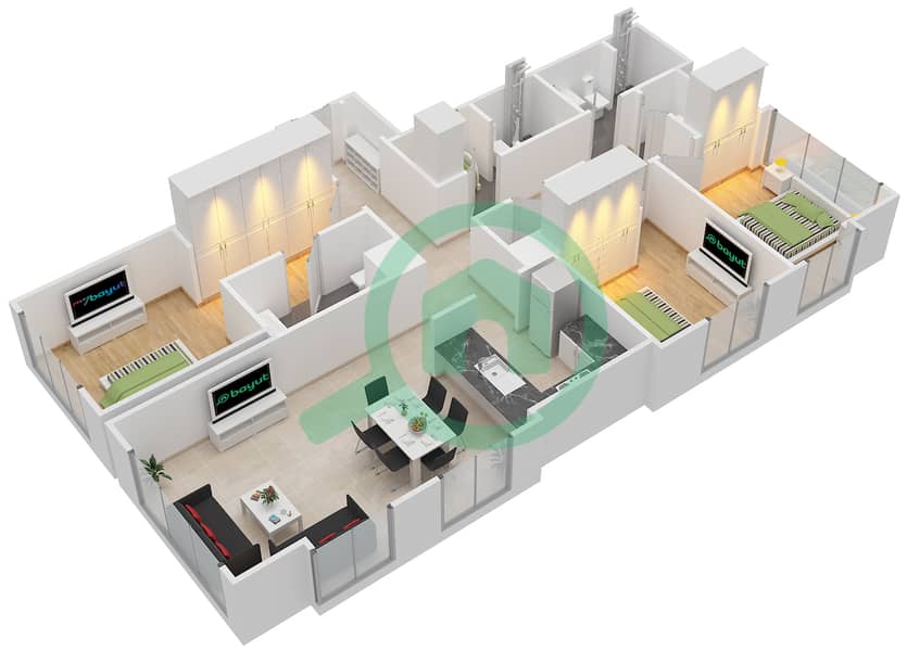 Акация - Апартамент 3 Cпальни планировка Тип T11 Floor 9 interactive3D