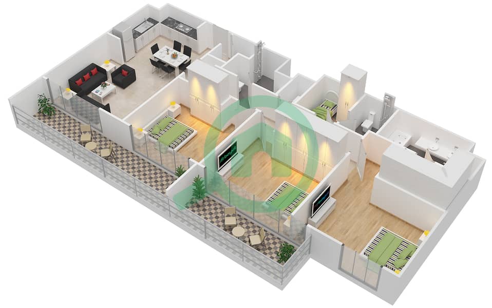 Акация - Апартамент 3 Cпальни планировка Тип T10 Floor 8 interactive3D
