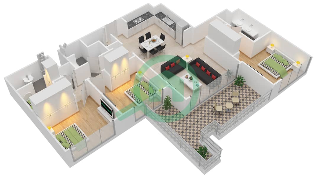 Акация - Апартамент 3 Cпальни планировка Тип T9 Floor 8 interactive3D