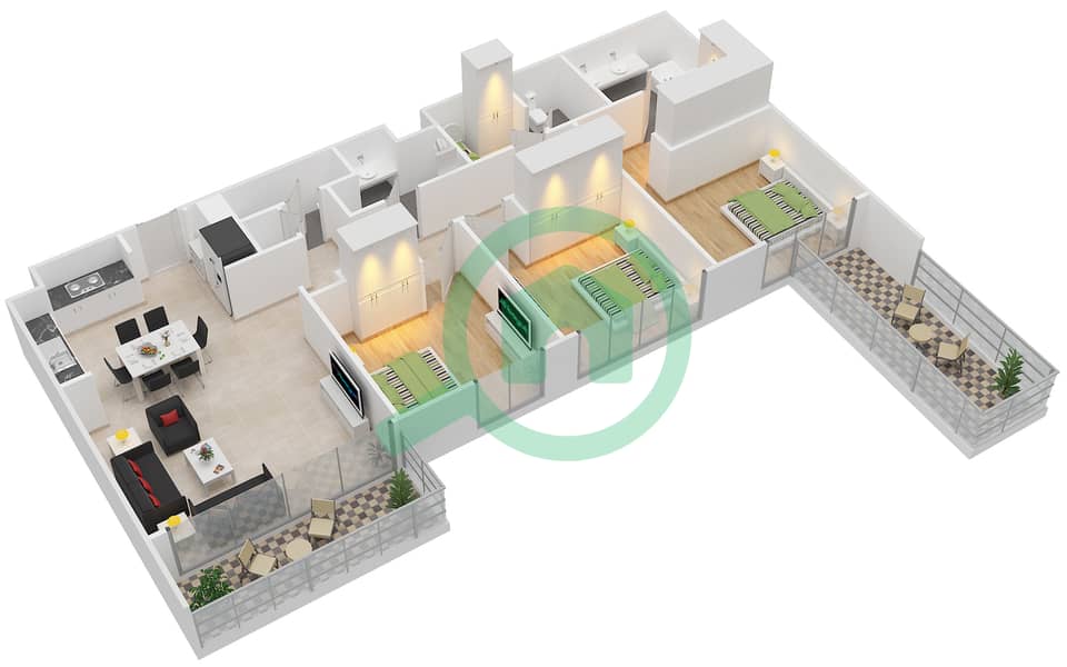 Акация - Апартамент 3 Cпальни планировка Тип T8 Floor 9 interactive3D