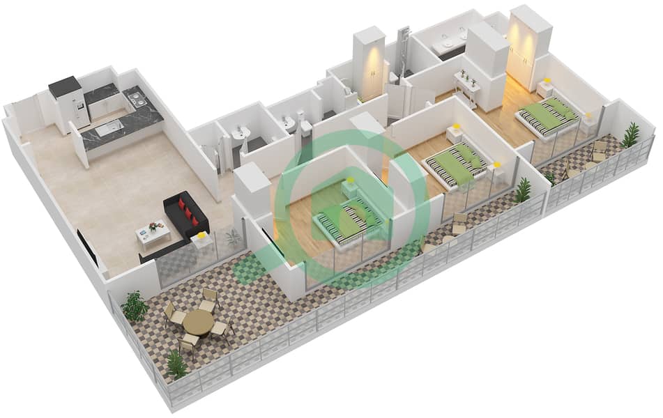 Акация - Апартамент 3 Cпальни планировка Тип T7 Floor 9 interactive3D