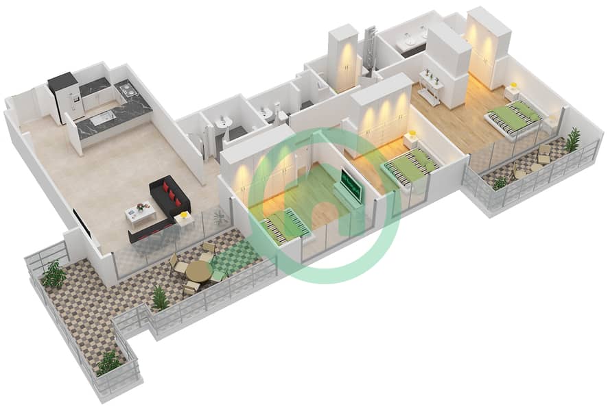 Акация - Апартамент 3 Cпальни планировка Тип T7B Floor 8 interactive3D