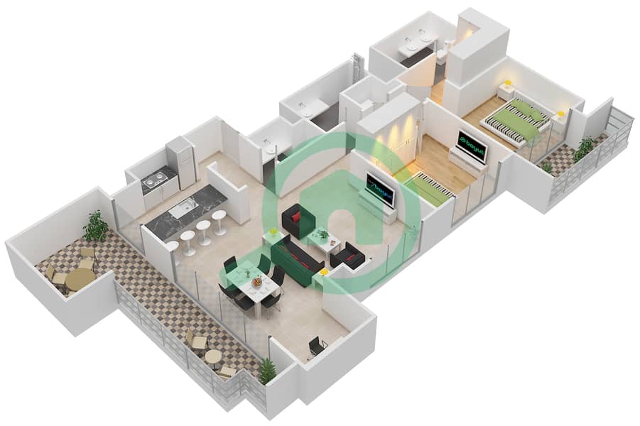 Акация - Апартамент 2 Cпальни планировка Тип T4 Floor 8 interactive3D
