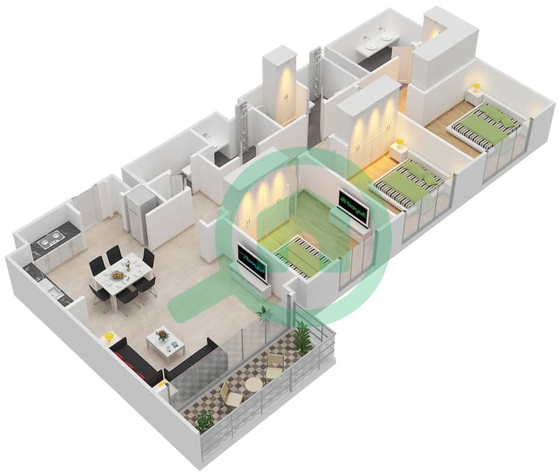 Акация - Апартамент 3 Cпальни планировка Тип T1 Floor 1-8 interactive3D