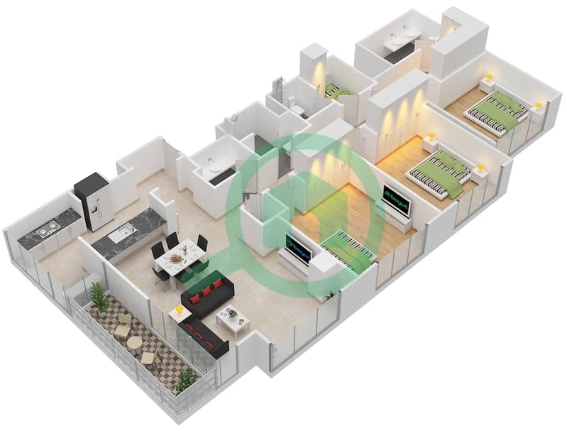 Акация - Апартамент 3 Cпальни планировка Тип T2B Floor 1 interactive3D