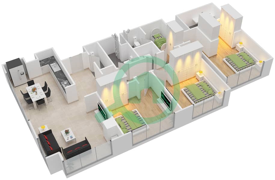 Акация - Апартамент 3 Cпальни планировка Тип T3 Floor 3 interactive3D