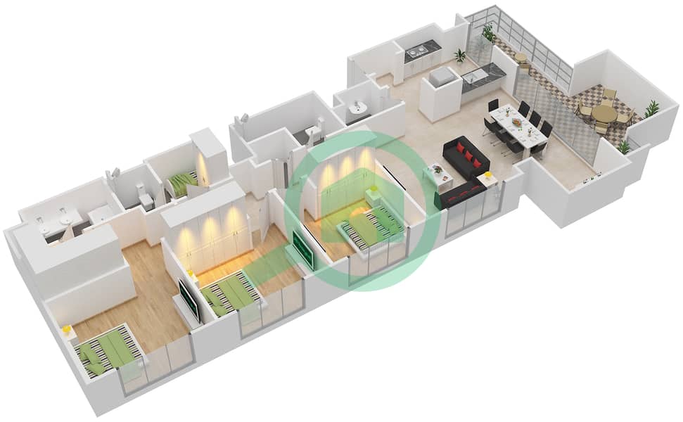 Акация - Апартамент 3 Cпальни планировка Тип T4 Floor 8 interactive3D