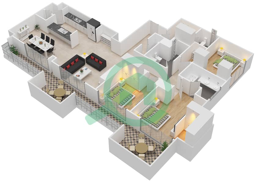 Акация - Апартамент 3 Cпальни планировка Тип T5 Floor 9 interactive3D
