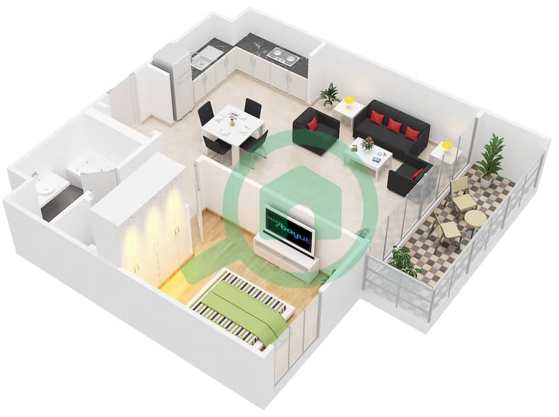 Акация - Апартамент 1 Спальня планировка Тип T1 Floor 1-8 interactive3D
