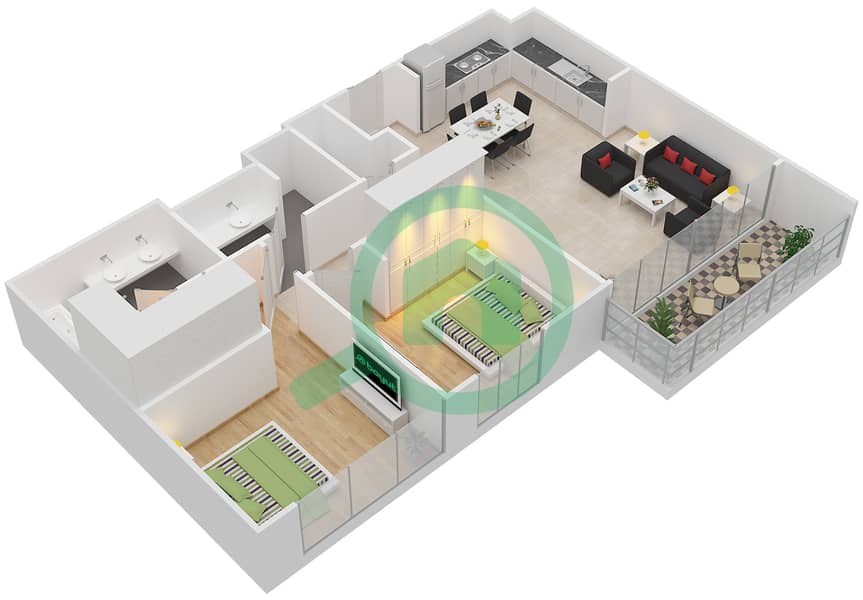 Акация - Апартамент 2 Cпальни планировка Тип T1 Floor 0-9 interactive3D