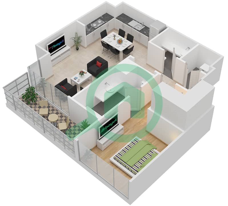 金合欢公寓 - 1 卧室公寓类型T3戶型图 Floor 2-8 interactive3D
