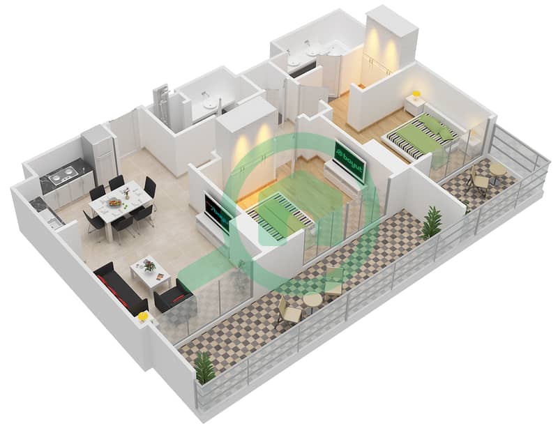 المخططات الطابقية لتصميم النموذج T1B شقة 2 غرفة نوم - أكاسيا Floor 9 interactive3D