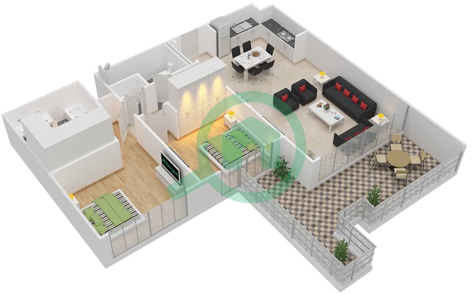 Акация - Апартамент 2 Cпальни планировка Тип T2 Floor 0-7,9 interactive3D