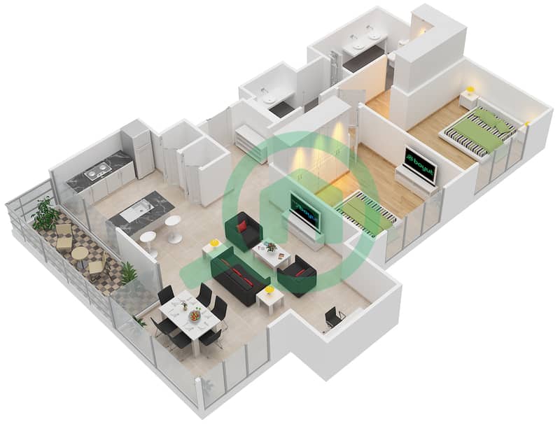 Акация - Апартамент 2 Cпальни планировка Тип T3 Floor 2-8 interactive3D