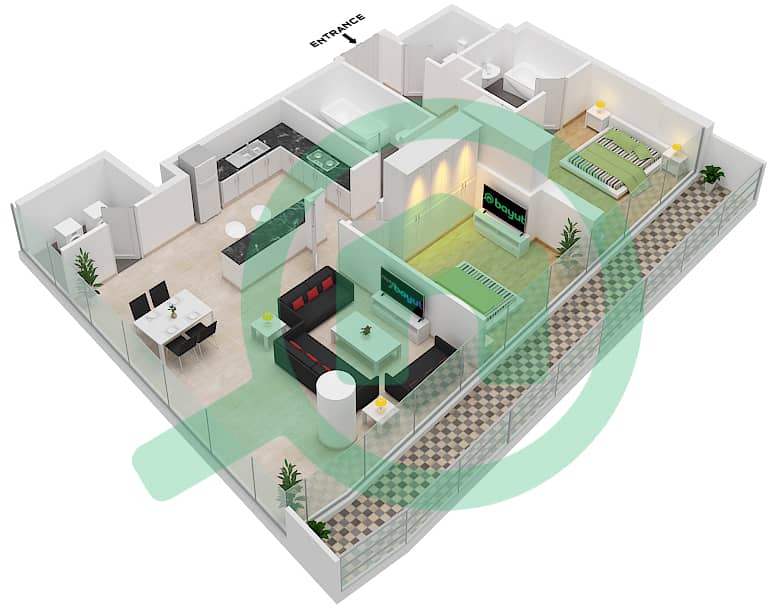 Al Naseem Residence C - 2 Bedroom Apartment Type C Floor plan interactive3D