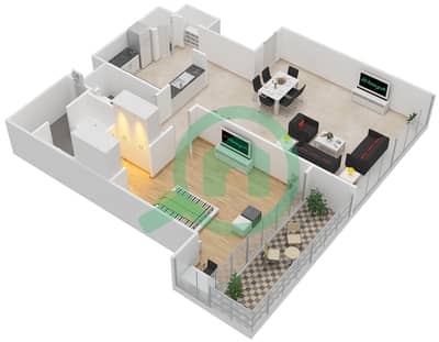 المخططات الطابقية لتصميم النموذج 3A شقة 1 غرفة نوم - أكاسيا