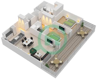 المخططات الطابقية لتصميم النموذج 1D شقة 2 غرفة نوم - أكاسيا