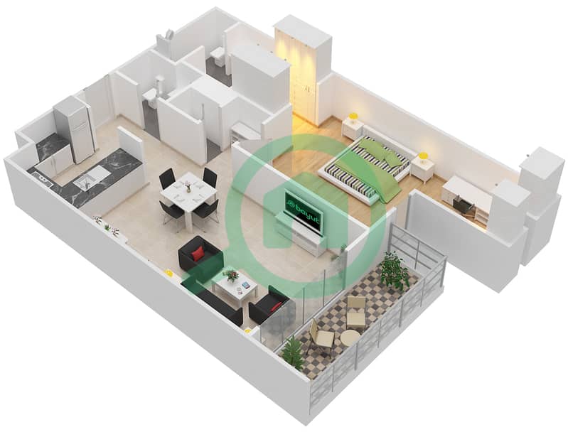 المخططات الطابقية لتصميم النموذج 2A شقة 1 غرفة نوم - أكاسيا Floor 3-8 interactive3D