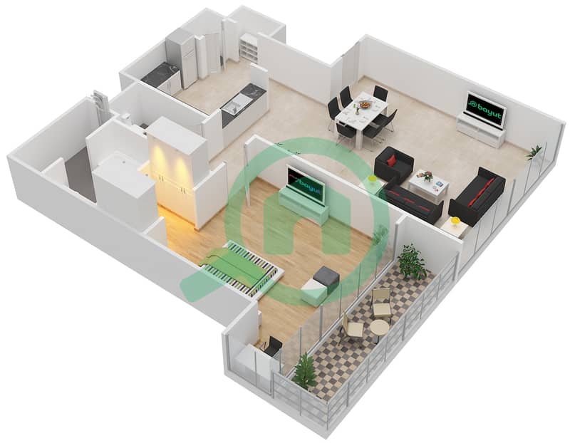 Акация - Апартамент 1 Спальня планировка Тип 3A Floor 3-8 interactive3D
