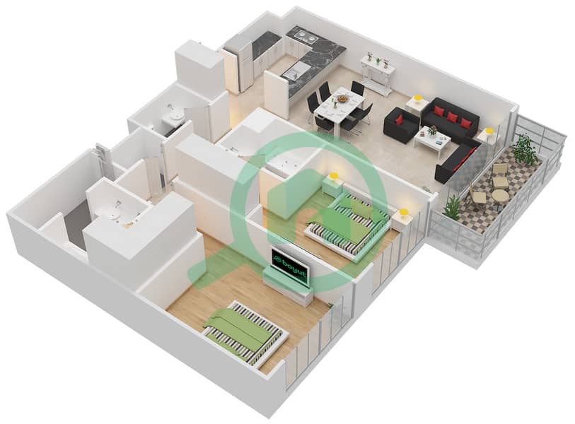 Акация - Апартамент 2 Cпальни планировка Тип 1A Floor 1-7 interactive3D