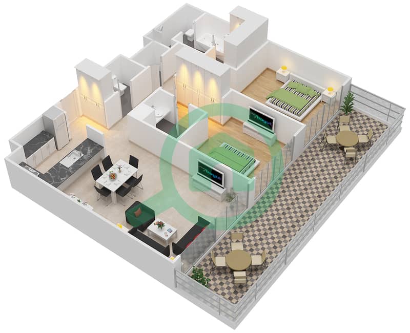 المخططات الطابقية لتصميم النموذج 1D شقة 2 غرفة نوم - أكاسيا Ground Floor interactive3D
