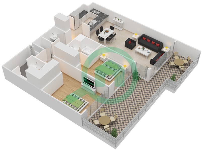 Акация - Апартамент 2 Cпальни планировка Тип 5A Ground Floor interactive3D