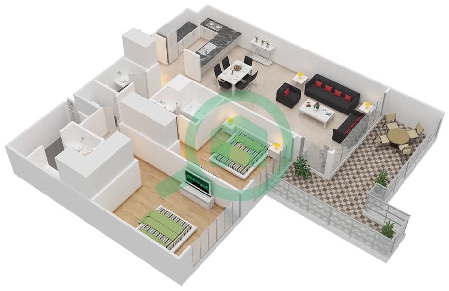 المخططات الطابقية لتصميم النموذج 2A شقة 2 غرفة نوم - أكاسيا Floor 3-8 interactive3D