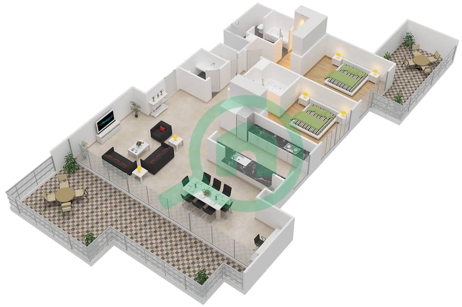 Акация - Апартамент 2 Cпальни планировка Тип 6A Floor 8 interactive3D