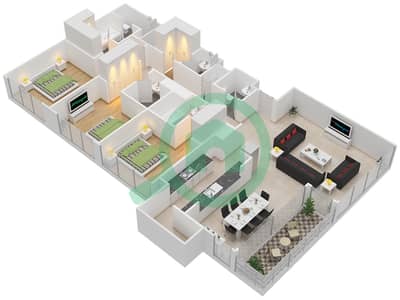 المخططات الطابقية لتصميم النموذج 2A شقة 3 غرف نوم - أكاسيا