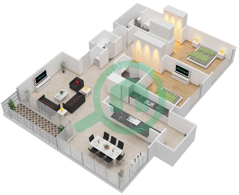 Акация - Апартамент 2 Cпальни планировка Тип 3A Floor 4 interactive3D