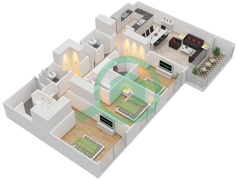 Акация - Апартамент 3 Cпальни планировка Тип 1A Floor 3-8 interactive3D
