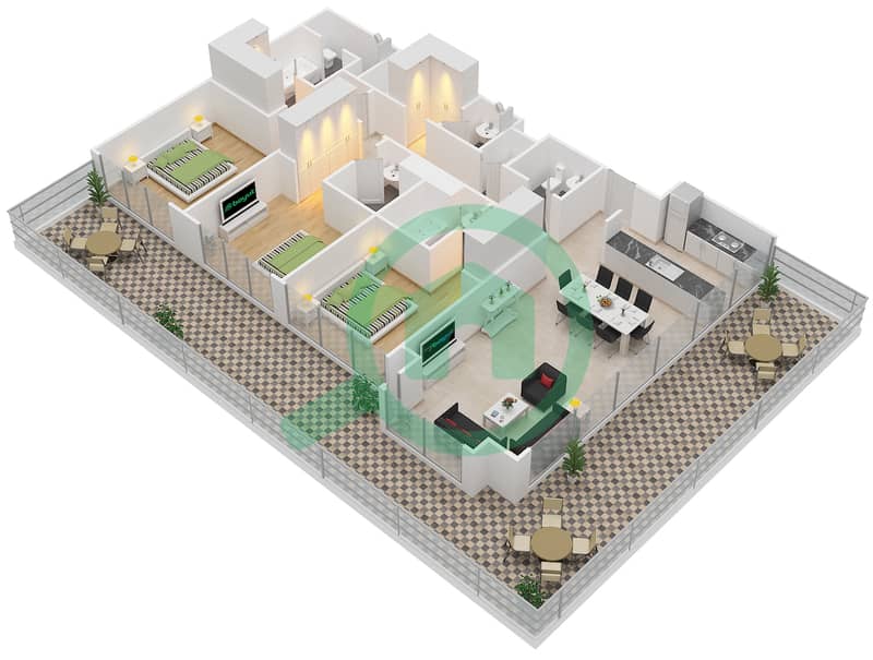 Акация - Апартамент 3 Cпальни планировка Тип 3A Ground Floor interactive3D