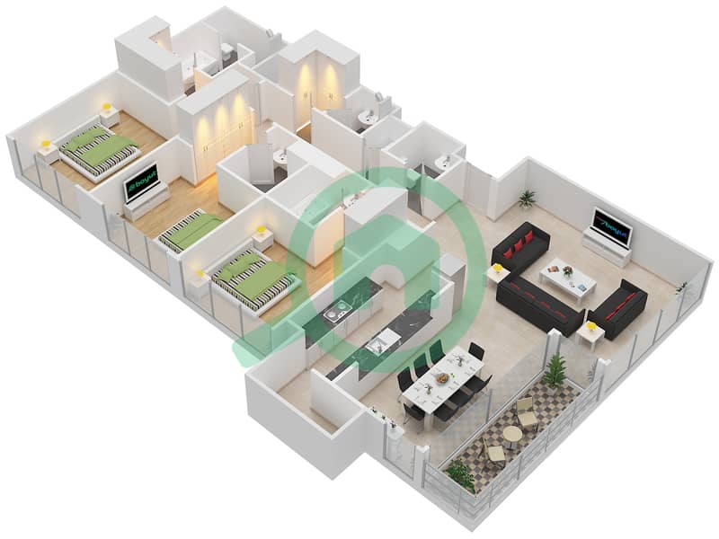 Акация - Апартамент 3 Cпальни планировка Тип 2A Floor 3-7 interactive3D