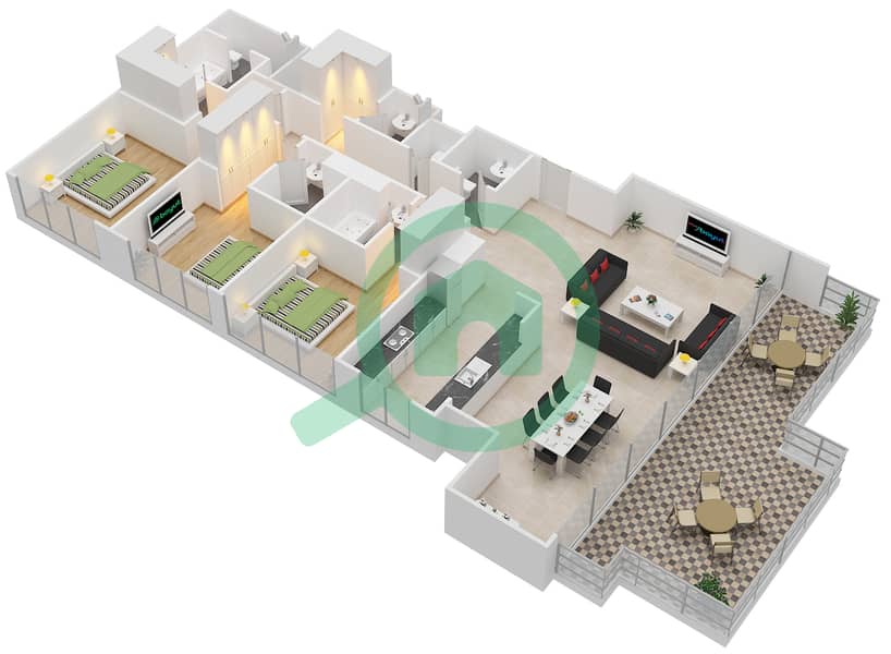 Акация - Апартамент 3 Cпальни планировка Тип 4A Floor 8 interactive3D