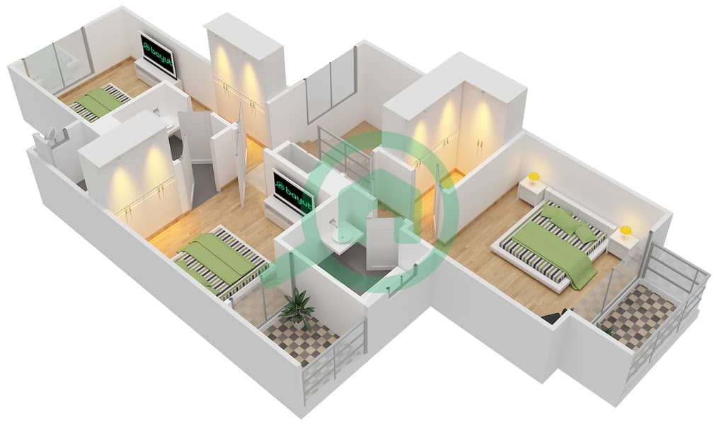 المخططات الطابقية لتصميم النموذج / الوحدة 2/2 MIDDLE فيلا تجارية 3 غرف نوم - ميبل 2 First Floor interactive3D