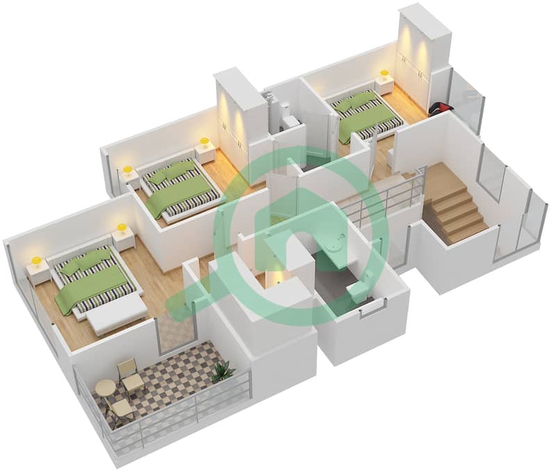 المخططات الطابقية لتصميم النموذج / الوحدة 2 /2 END فيلا تجارية 4 غرف نوم - ميبل 2 First Floor interactive3D