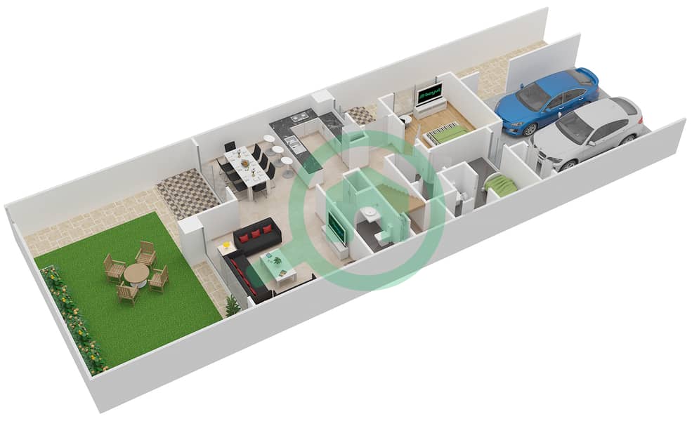 المخططات الطابقية لتصميم النموذج / الوحدة 3 /3 MIDDLE تاون هاوس 4 غرف نوم - ميبل في دبي هيلز استيت 2 Ground Floor interactive3D