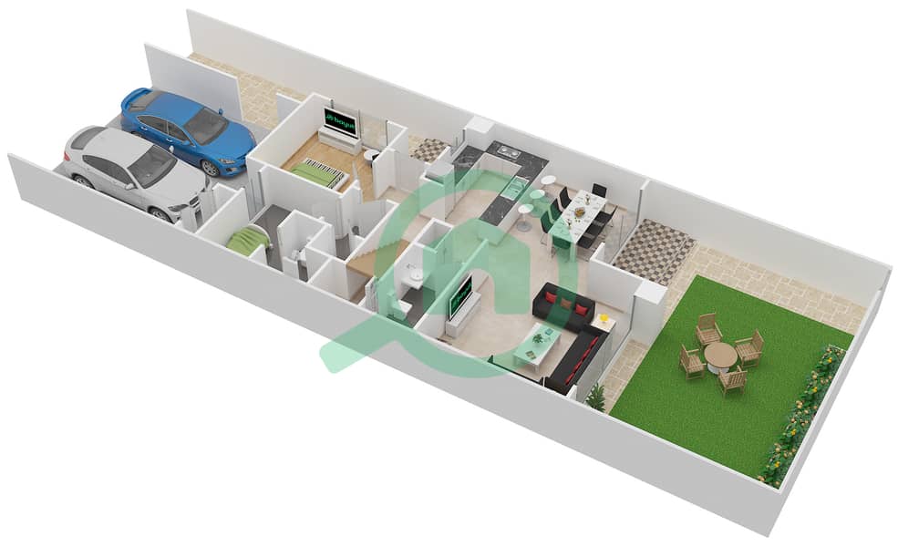 المخططات الطابقية لتصميم النموذج / الوحدة 3/3 MIDDLE تاون هاوس 4 غرف نوم - ميبل في دبي هيلز استيت 2 Ground Floor interactive3D