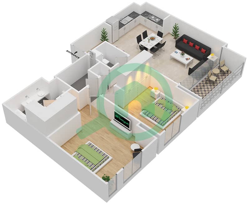 المخططات الطابقية لتصميم الوحدة 2.5 BLOCK-D شقة 2 غرفة نوم - بارك بوينت Floor 2-6
Units-210,310,410,510,610 interactive3D