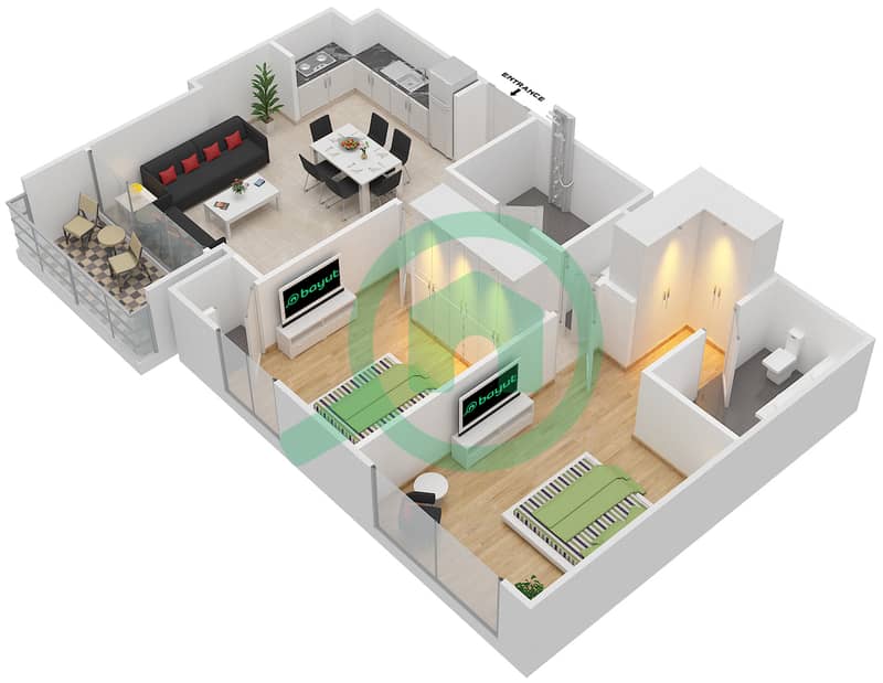 园博园 - 2 卧室公寓单位2.0 BLOCK-B戶型图 Floor 2-5
Units-202,205,206,207,302,305,306,307,402,405,406,407
502,505,506,507
Floor 1
Units-105,106,107 interactive3D